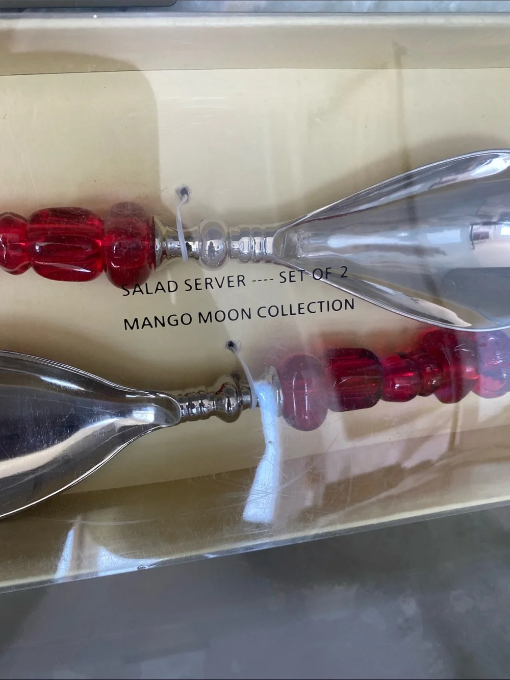 NIB Red Beaded Salad Serving Set with Silver-Tone Utensils